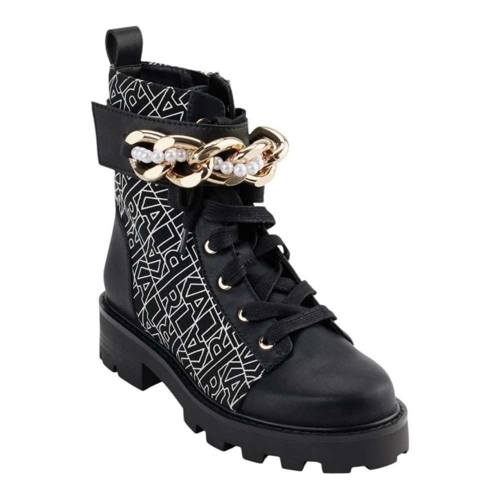 Karl Lagerfeld Paris Maxi Chain Black White Monogram Pearl Combat Boots‎ Size 5